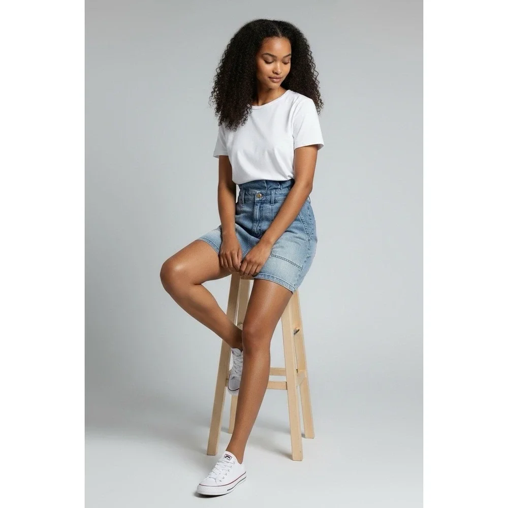 Free People Size‎ 6 Blue Denim Jean Paper Bag Waist Patch Pocket Mini Skirt